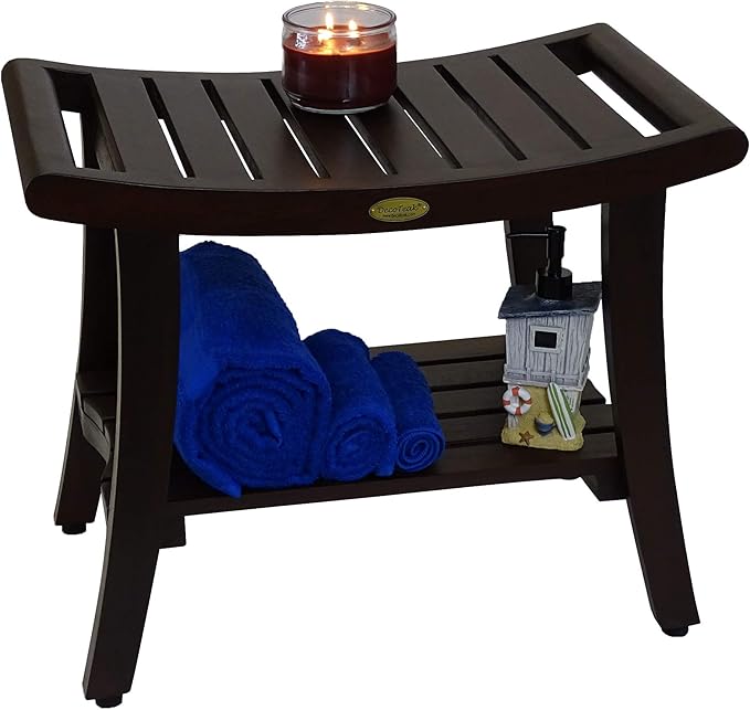 DecoTeak Harmony 24 Inch Brown Waterproof Teak Wood Shower Bench | Provides Safety, Storage, and Organization for Bathroom Accessories