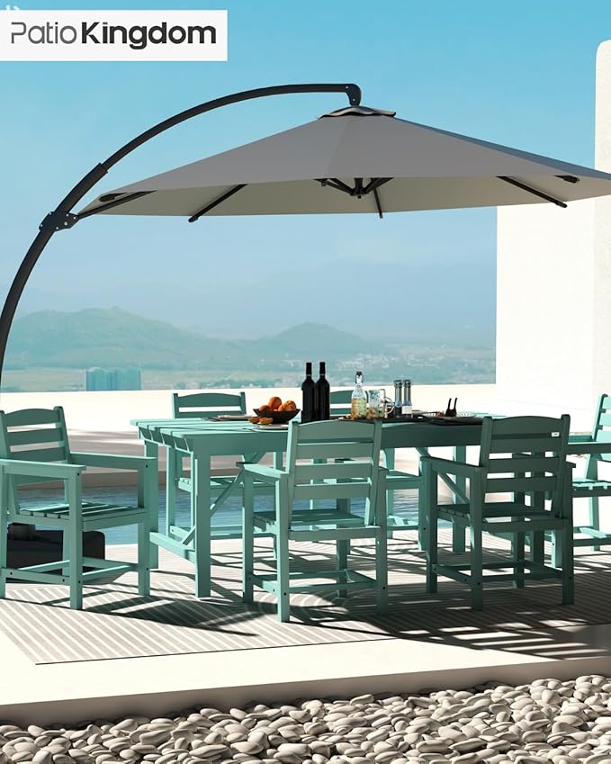 7-Piece Light Blue HDPE Patio Table and Chairs Set, Weather Resistant Outdoor HDPE Dining Table Sets with Umbrella Hole for Lawn, Garden, Deck, Poolside, Balcony