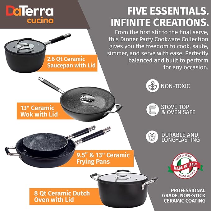 DaTerra Cucina Nonstick Dinner Party Bundle – 2.6 Qt Saucepan with Lid, 9.5" & 13" Frying Pans and 13" Wok and 8 Qt Dutch Oven with Lids, Durable Ceramic Coating, Made in Italy – Volcanic Black