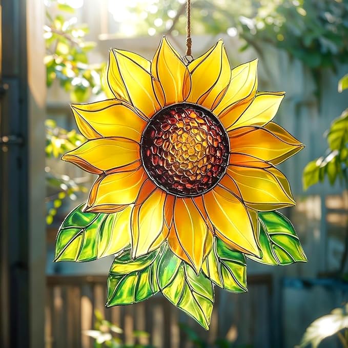 Sunflower Christmas Ornament Flower Suncatcher Window Hanging Acrylic Stained Glass Effect Art Garden Decor Unique Gift for Mom Women Grandma Gardener Thanksgiving