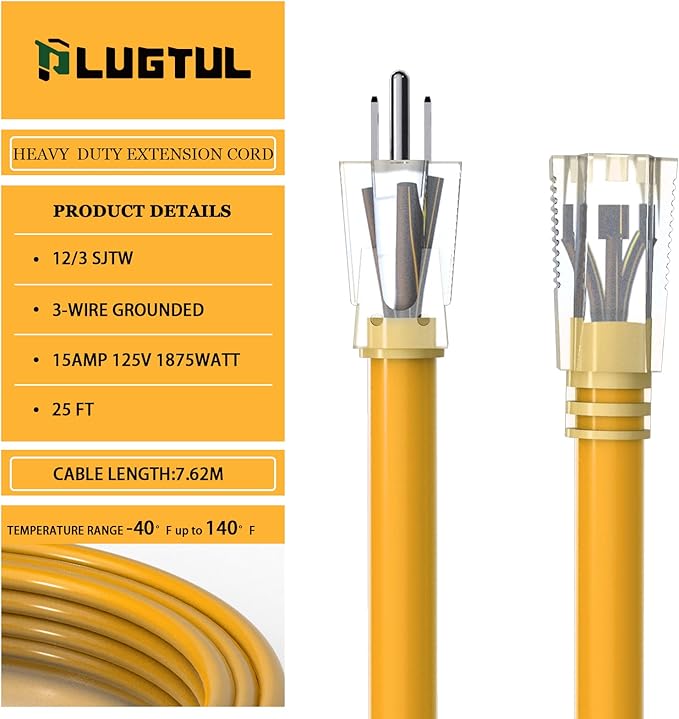 PLUGTUL 12 Gauge Extension Cord 25 Ft, Heavy Duty Outdoor Extension Cord Waterproof Lighted End SJTW, 3 Prong Grounded Plug for Safety, 15A 1875W, ETL Listed, Great for Garden and Home, Yellow