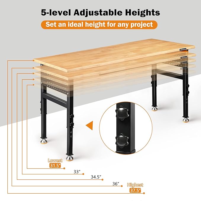 Betterhood 60" Heavy-Duty Adjustable Workbench for Garage, Rubber Wood Shop Table W/Double Pegboards & Drawer,Hardwood Workstation Weight Capacity Over 2000 Lbs