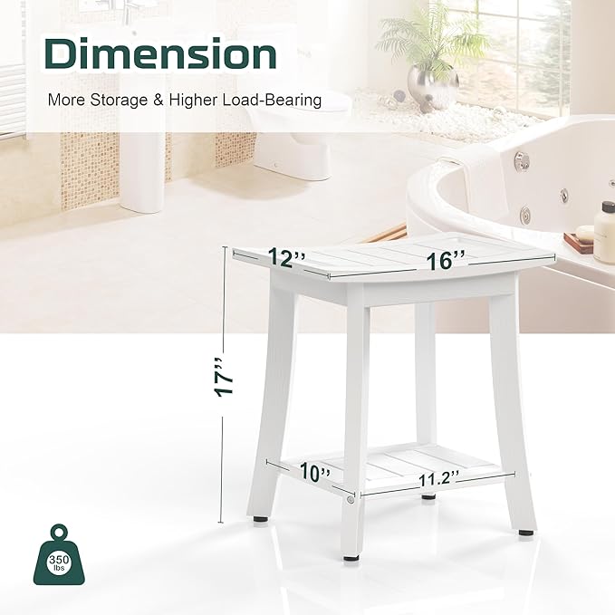 HIPS Shower Benches for Inside Shower, Waterproof Shower Stool with Storage Shelf & Adjustable Feet, SPA Bathroom Seat Chair for Shaving Legs, Indoor or Outdoor Use, White