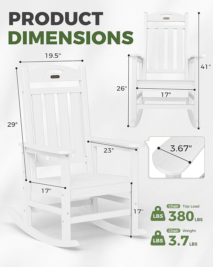Oversized Outdoor Rocking Chair Set of 4, High Back Porch Rocker Chair, HDPE All Weather Resistant Rocking Chairs for Patio, 382lbs Weight Capacity, White