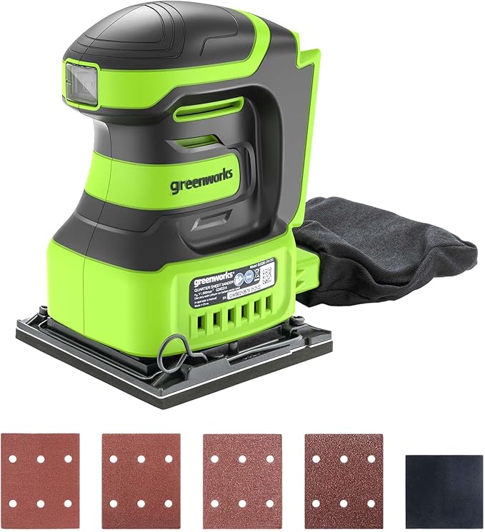 Greenworks 24V Cordless 1/4 Quarter Sheet Sander Tool Only, 11,000 OPM Sander with Dust Collection Bag and Sandpaper