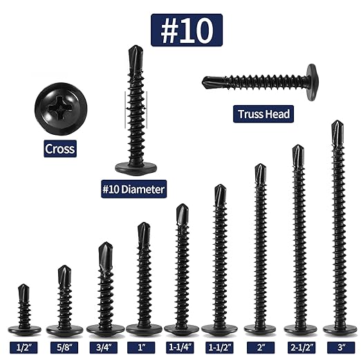 #10 x 2-1/2" Sheet Metal Screws 500PCS 410 Stainless Steel Truss Head Fast Self Tapping Screws Black Oxide by SG TZH