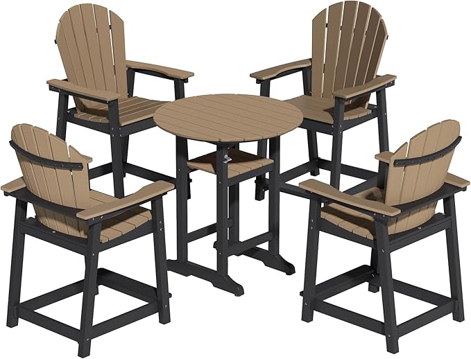 OTSUN Tall Adirondack Chairs Set of 5, Patio Bar Stool Chairs with one Table, 400lbs, Widened Arms, All-Weather Balcony Chair for Backyard, Garden (Black & Brown, 5 Sets)
