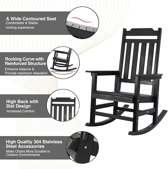 Rocking Chairs Set of 2, All Weather Resistant Poly Lumber Outdoor Porch Rocker, Rocking Chairs for Outdoor, Indoor, Patio, Deck, Garden, Backyard, Load Bearing 380 lbs - Black