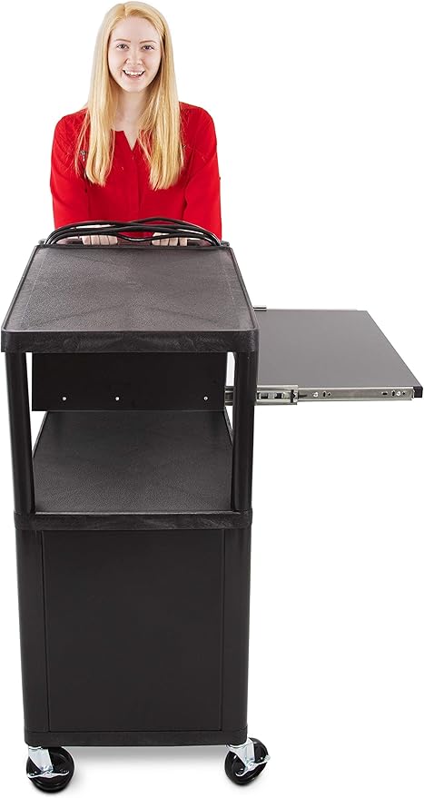 Line Leader Plastic AV Cart with Keyboard Tray and Locking Metal Cabinet, Heavy Duty Mobile Workstation with 4 Rolling Casters, 2 Locking Brakes, Heavy Duty, Holds up to 75 lbs (42 Inch w Cabinet)