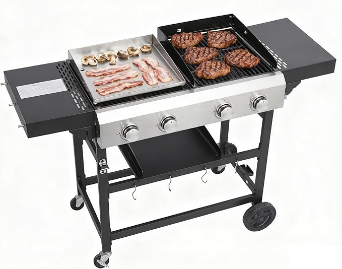 4-Burner Propane Gas BBQ Grill with Stainless Steel Plancha, 38240 BTU Output Stainless Steel Gas Grill w/Cast Iron Grating Mesh, & Foldable Side Table, Hanging Basket for Outdoor & Garden