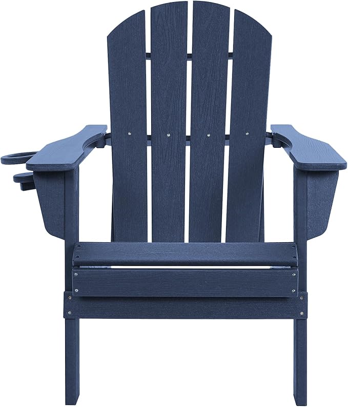 LOUNZY Folding Adirondack Chairs Set of 2, HDPE All-Weather Folding Adirondack Chair with Cup Holders, Outdoor Patio Adirondack Chair for Deck Lawn Fire Pit, Navy