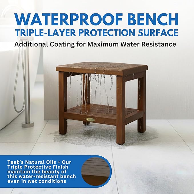 DecoTeak Eleganto 18 Inch Brown Waterproof Teak Wood Shower Bench Stool Seat Chair for Inside Shower Provides Safety, Storage, and Organization Storage Shelf for Bathroom Accessories
