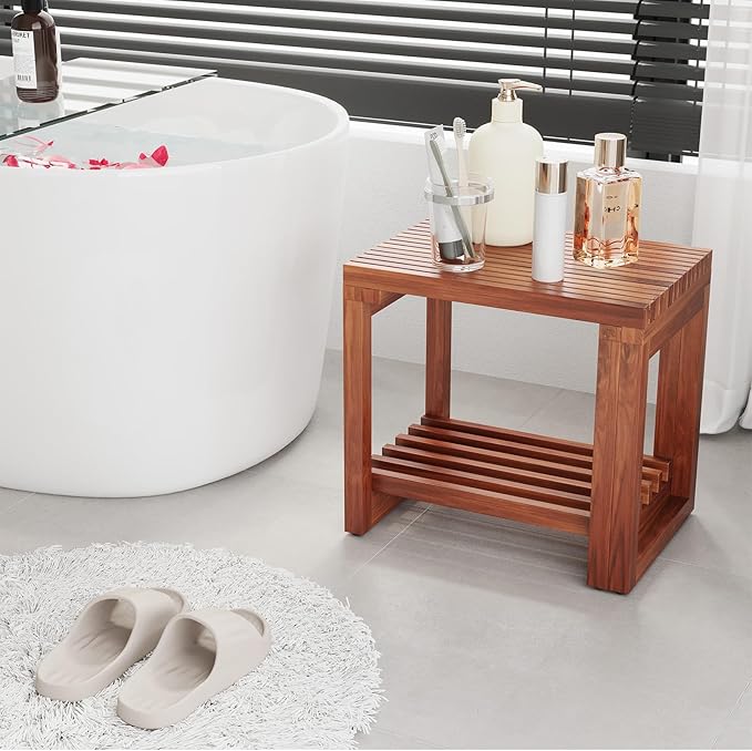 EROMMY Adjustable Length 29 Inches Shower Stool for Inside Shower, Waterproof Bench with Storage Shelf, Teak Shower Bench for Sitting, Shelving Legs, Spa Use, Shower Chair for Adults Seniors Elderly