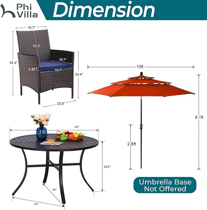 PHI VILLA 5 Piece Outdoor Dining Set with Umbrella for 4, Round Metal Steel Dining Table & Wicker Chairs with Cushions & Red Umbrella, Modern Furniture for Patio, Deck, Yard, Porch
