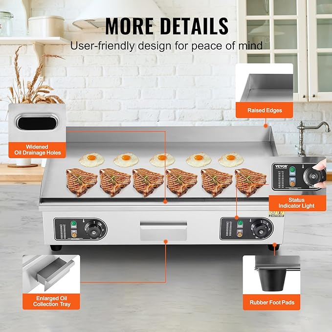 VEVOR Commercial Electric Griddle, 4400W Countertop Flat Top Grill, 122℉-572 ℉ Adjustable Temp, 29in Stainless Steel Griddle Grill with 2 Shovels and 2 Brushes for Home or Restaurant(220V No Plug)