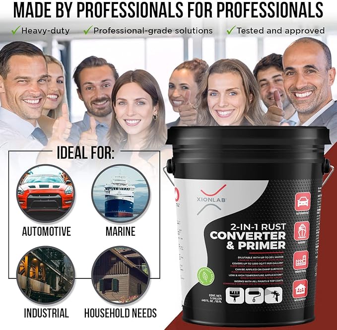 Xion Lab 2-in-1 Rust Converter & Metal Primer - Concentrate Covers Up to 4X More - Industrial Grade Water Based - UV Resistant Rust Reformer & Inhibitor - No Top Coat Needed - Works On Damp Surfaces