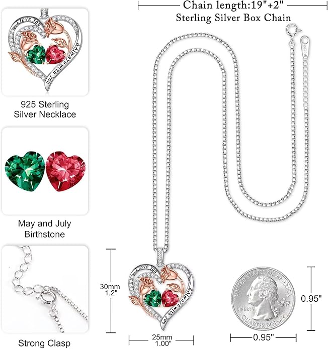 Iefil Christmas Gifts for Women Wife - 925 Sterling Silver Rose Heart Birthstone Necklace Birthday Anniversary Jewelry Gifts for Her Wife Mom Daughter