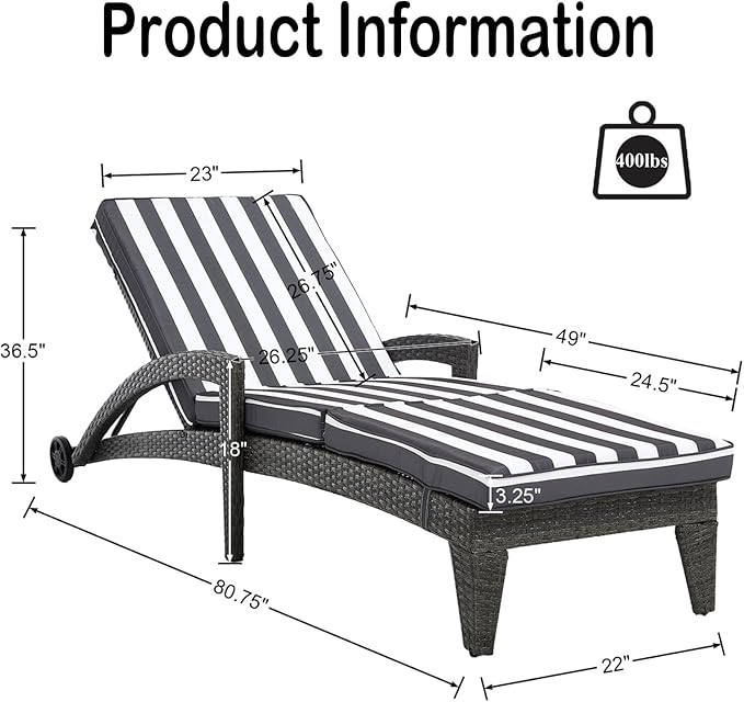Patio Chaise Lounger Set of 6, Outdoor Lounger Patio Chairs, Heavy Duty Lounge Chairs Outdoor, Chaise Lounges for Resort, Backyard, Deck, Poolside, Garden, Grey Stripe
