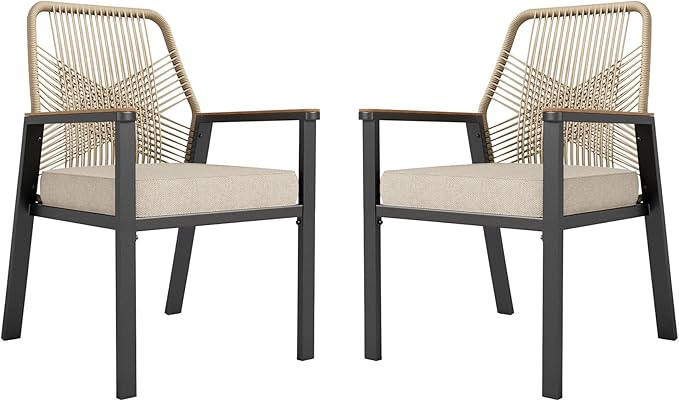 HERA'S HOUSE Outdoor Chairs Set of 2, 36.6" Rattan Dining Chairs with Heavy-Duty Wrought Iron Metal Frame, All-Weather Patio Chair for Garden Lawn Backyard Kitchen Deck