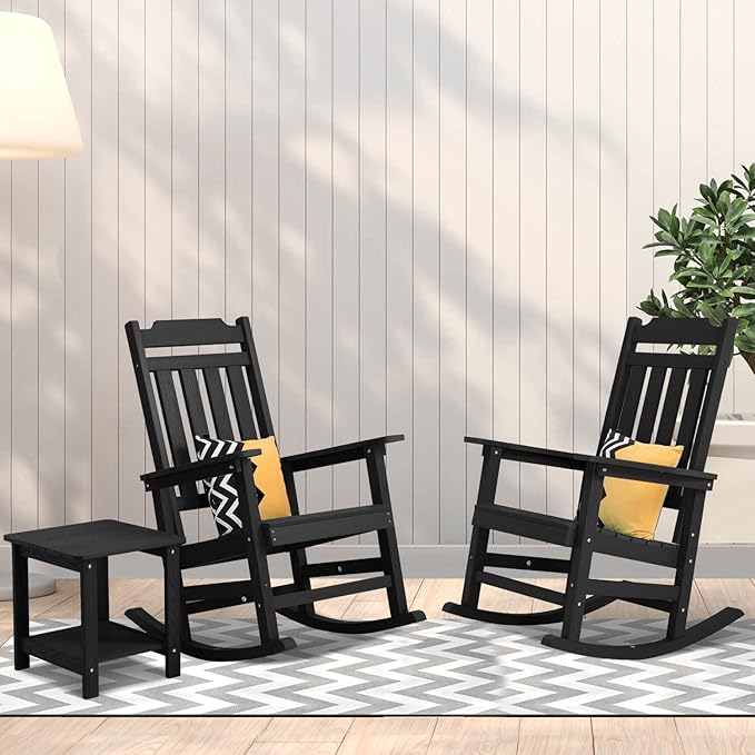 Rocking Chairs Set of 4, All Weather Resistant Poly Lumber Outdoor Porch Rocker, Rocking Chairs for Outdoor, Indoor, Patio, Deck, Garden, Backyard, Load Bearing 380 lbs - Black