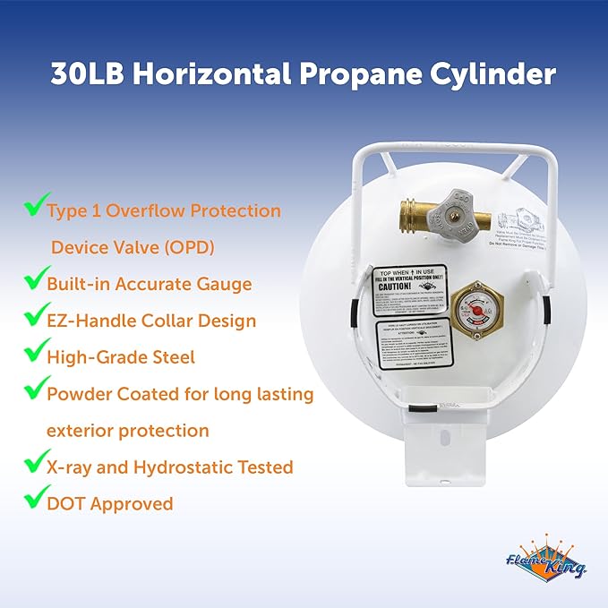 Flame King YSN301HZL 30lb Steel Horizontal Propane Tank Cylinder for Fire Pit Tables, Patio Heaters, Barbeques, RVs, and Truck Campers, 30-Pound, White