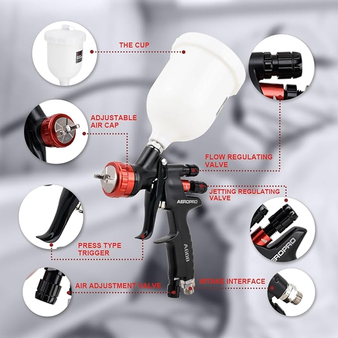 AEROPRO Tools A608 HVLP Air Spray Gun, 1.3mm Nozzle, 600cc Plastic Cup, Auto Paint Spray Gun, Automotive Paint Gun, Body Repair Paint Spray Guns, Car Paint Gun for Touch Up, Primer, Top Coat