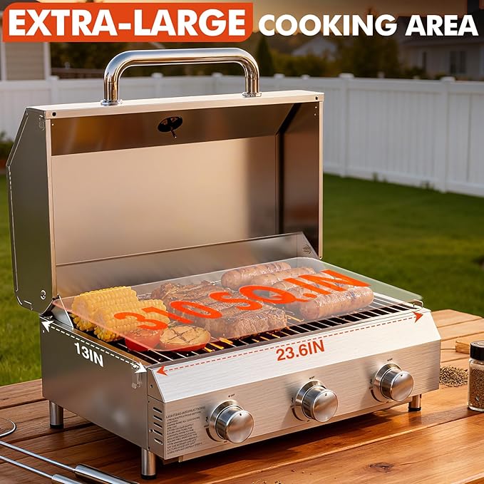 Llamaviva 3 Burner Gas BBQ Grill with Dual Fuel Adapter,22500 BTU Stainless Steel Tabletop Portable Grill for Outdoor Barbecue Camping Cooking RV