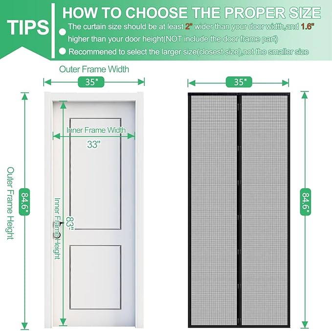 RELIANCER Fiberglass Magnetic Door Screen,Fit Door Size 33"x83",Auto Close Screen Door Mesh w/Magnets,Patio Doorway Net Screens,Self-Closing Doors Cover,Anti Mosquito Doorway Curtain,Mesh Partition