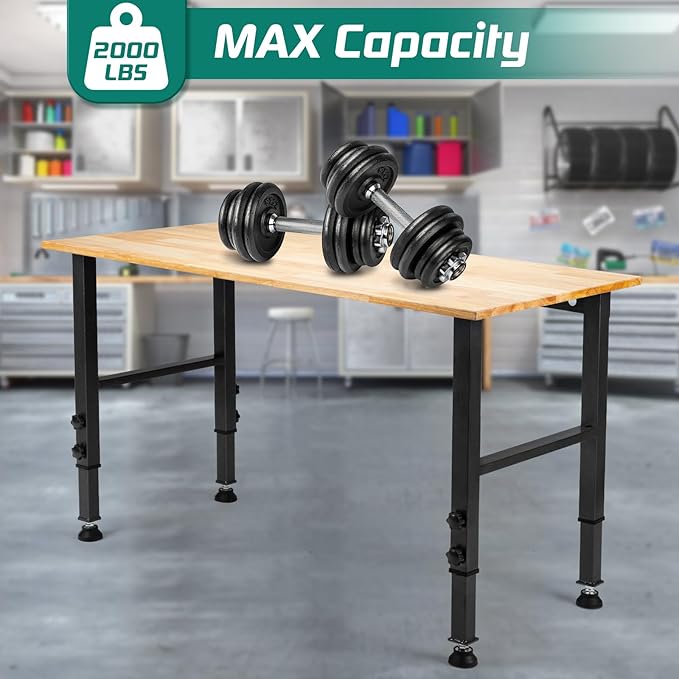 48 "Adjustable Workbench, Heavy Duty 2000 LBS Load Capacity Hardwood Workbench Suitable for Workshop, Office, Garage, Home (Rubber Pad丨No Power Outlets 48"x24")
