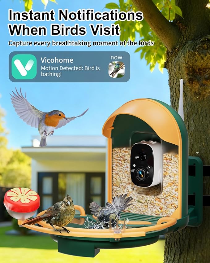 Bird Feeder with Camera, Smart Birdfeeder with Cam Solar Powered, 2K HD Video, AI Identification, Instant Arrival Alerts, IP66 Bird Bath & Feeder,Gift for BirdLover (with BirdBath, Dark Green)