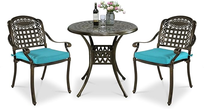 VIVIJASON 3-Piece Patio Bistro Set, All-Weather Cast Aluminum Outdoor Furniture Dining Sets Include 2 Cushioned Chairs and 31" Round Table w/Umbrella Hole for Balcony, Backyard, Ocean Blue Cushion
