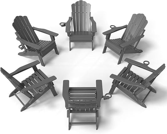 FOOWIN Adirondack Chair Set of 6, Folding Adirondack Chair with Cup Holder, HDPE All-Weather Fire Pit Chair for Patio, Garden, Backyard, Poolside, Grey