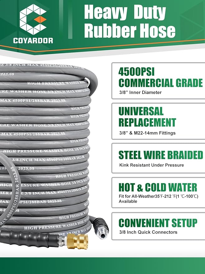 3/8" Pressure Washer Hose 125 FT 4500 PSI, Steel Braided Layer & NonMarking Rubber for Hot/Cold Water High Power Washer Replacement With 3/8 Inch Quick Connect & M22 Fitting, Industrial-grade