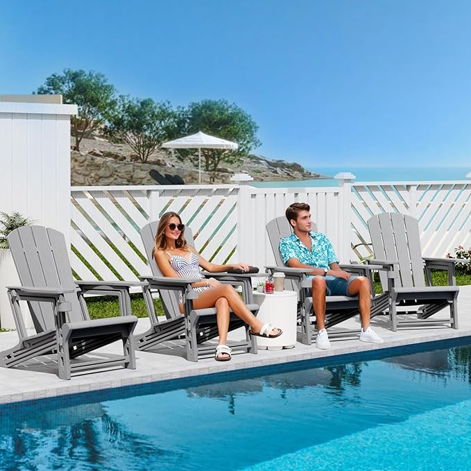 FONTOI Adirondack Chairs Set of 4,Adirondack Chair with Cup Holders,Wooden Textured Plastic Fire Pit Chair,All-Weather Outdoor Patio Chairs for Lawn,Backyard Deck, Porch,400LBS Heavy-Duty，Gray