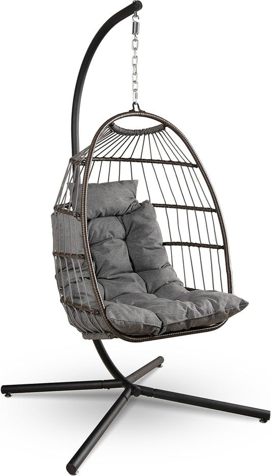 SereneLife Foldable Egg Chair with Stand – Hanging Rattan Wicker Swing for Indoor Outdoor Use – 350 lbs Capacity, Breathable Cushion & Headrest – Patio, Balcony, Porch, Bedroom Lounge Furniture