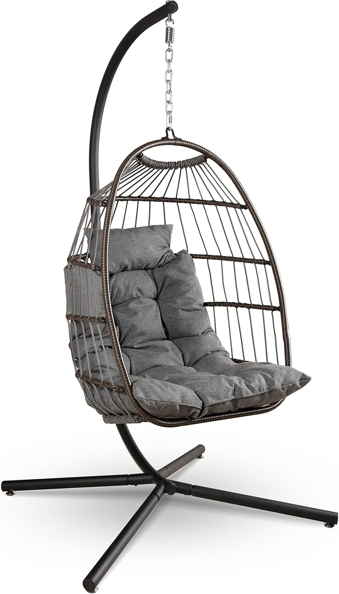 SereneLife Foldable Egg Chair with Stand – Hanging Rattan Wicker Swing for Indoor Outdoor Use – 350 lbs Capacity, Breathable Cushion & Headrest – Patio, Balcony, Porch, Bedroom Lounge Furniture