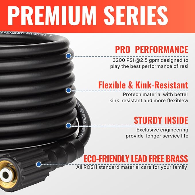 YAMATIC Pressure Washer Hose 25 FT 1/4" ID, USA Standard M22 Brass Fittings, 3200 PSI Kink-Resistant Replacement for High Power Washers