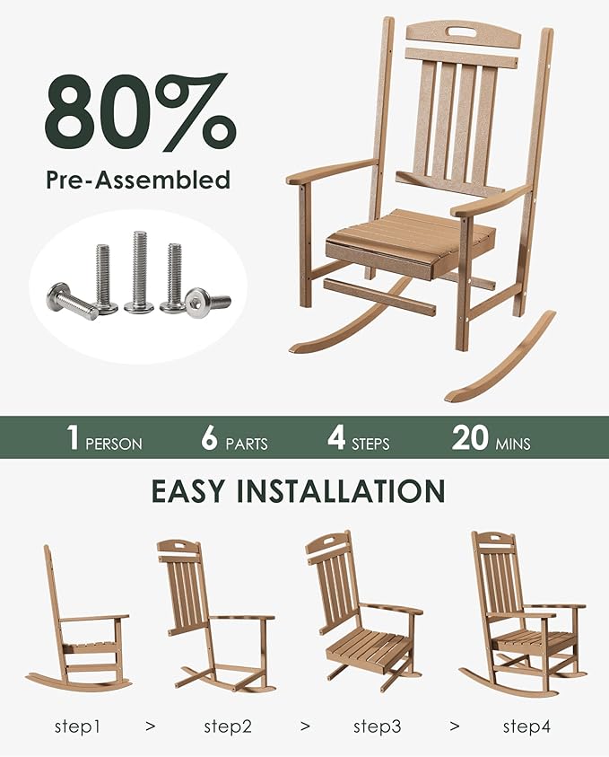 Outdoor Rocking Chair Set of 6, All-Weather Resistant Poly Lumber Rocker Chair Outdoor, High Back Plastic Patio Rocking Chairs for Outside Porch Rocker Garden Lawn, Weather Wood