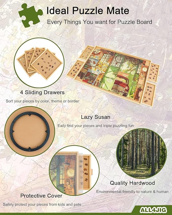 ALL4JIG 1000 Piece Rotating Puzzle Board with Drawers 20.94"x28.74"Portable Wooden Jigsaw Puzzle Table for Adults Portable,Lazy Susan Spinning Puzzle Boards Birthday Gift for mom