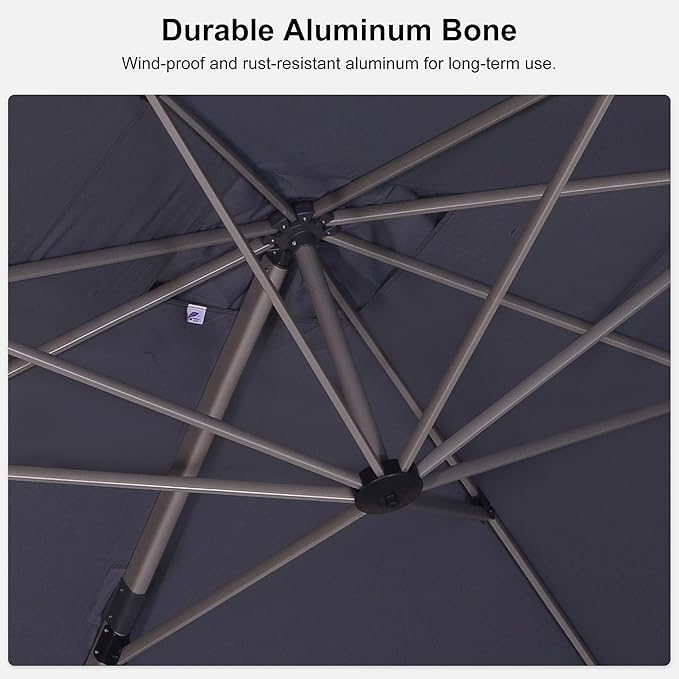 PURPLE LEAF 10FT Patio Umbrella with Base Cantilever Umbrella Square Outdoor Offset Umbrella with Champagne Frame and 360° Rotation for Garden Deck Pool, Light Grey