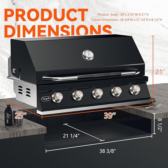 Hygrill 40-Inch Built In Grill for Liquid Propane, Stainless Steel Outdoor Kitchen 5-Burner Grill Head, Black