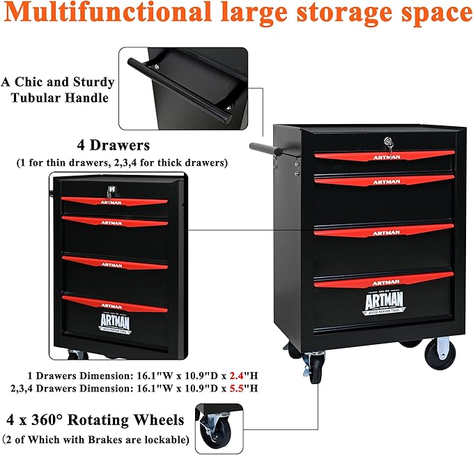 4 Drawers Tool Cart on Wheels, Multifunctional Rolling Tool Storage Chest, Drawers Rolling Trolley Organizer Tool Box for Warehouse, Garage, Workshop, Repair Shop (4 Drawers-30.5" H)