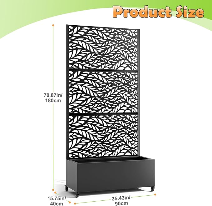 Metal Raised Garden Bed with Trellis, 2-in-1 Planter Box & Privacy Screen for Climbing Plants, Outdoor Standing Flower Bed with Drainage Holes, 35.4" L x 15.7" W x 70.1" H, Black-Spring