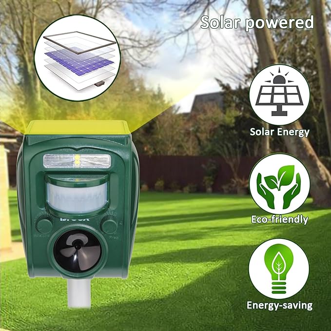 Broox 2025 Upgraded Solar Animal Repellent, Cat Repellent Outdoor, Squirrel Repellent, Deer Repellent, Ultrasonic pest Repeller, Waterproof IP 65, Motion Detection, Dog, Raccoon, Skunk, Rabbit, Rodent
