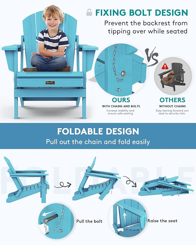 SERWALL Foldable Adirondack Chair Set of 4 for Patio Garden Outdoors- Aruba Blue