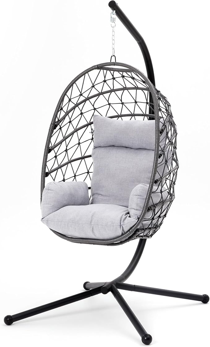 Hanging Egg Chair, Swing Chair with Stand, Hammock Chair Indoor, Patio Boho Wicker 350lbs Capacity, Swing Chair for Bedroom Garden, Balcony, Black & Gray