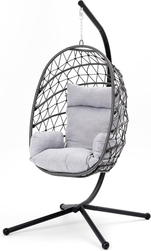 Hanging Egg Chair, Swing Chair with Stand, Hammock Chair Indoor, Patio Boho Wicker 350lbs Capacity, Swing Chair for Bedroom Garden, Balcony, Black & Gray