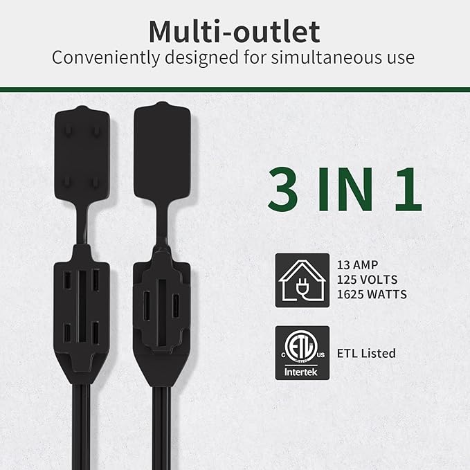 PLUGTUL 3-Pack Indoor Extension Cord (6/9/12FT), 2 Prong Black Extension Cord, 3 Polarized Outlets with Safety Cap Protect for Home Office, 16/2 SPT-2 ETL Listed