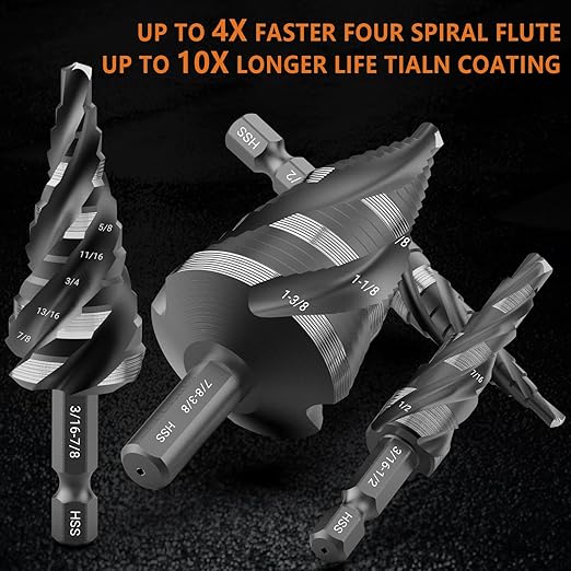MABLEVI 5 Pcs Four Spiral Flute Step Drill Bit Set, 1/8"-1-3/8" HSS Unibit Step Drill Bit, 1/4" and 3/8" Shank Step Bit for Metal, Stainless Steel, Aluminum, Wood, Plastic