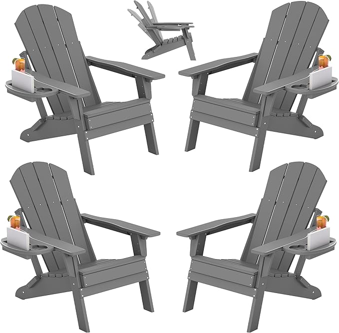 FOOWIN Folding Adjustable Adirondack Chair Set of 4,HDPE Adirondack Chair w/4 in 1 Cup Holder Trays,All-Weather Resistant Fire Pit Chair, Outdoor Chair for Patio Lawn Poolside,400lbs,Dark Grey